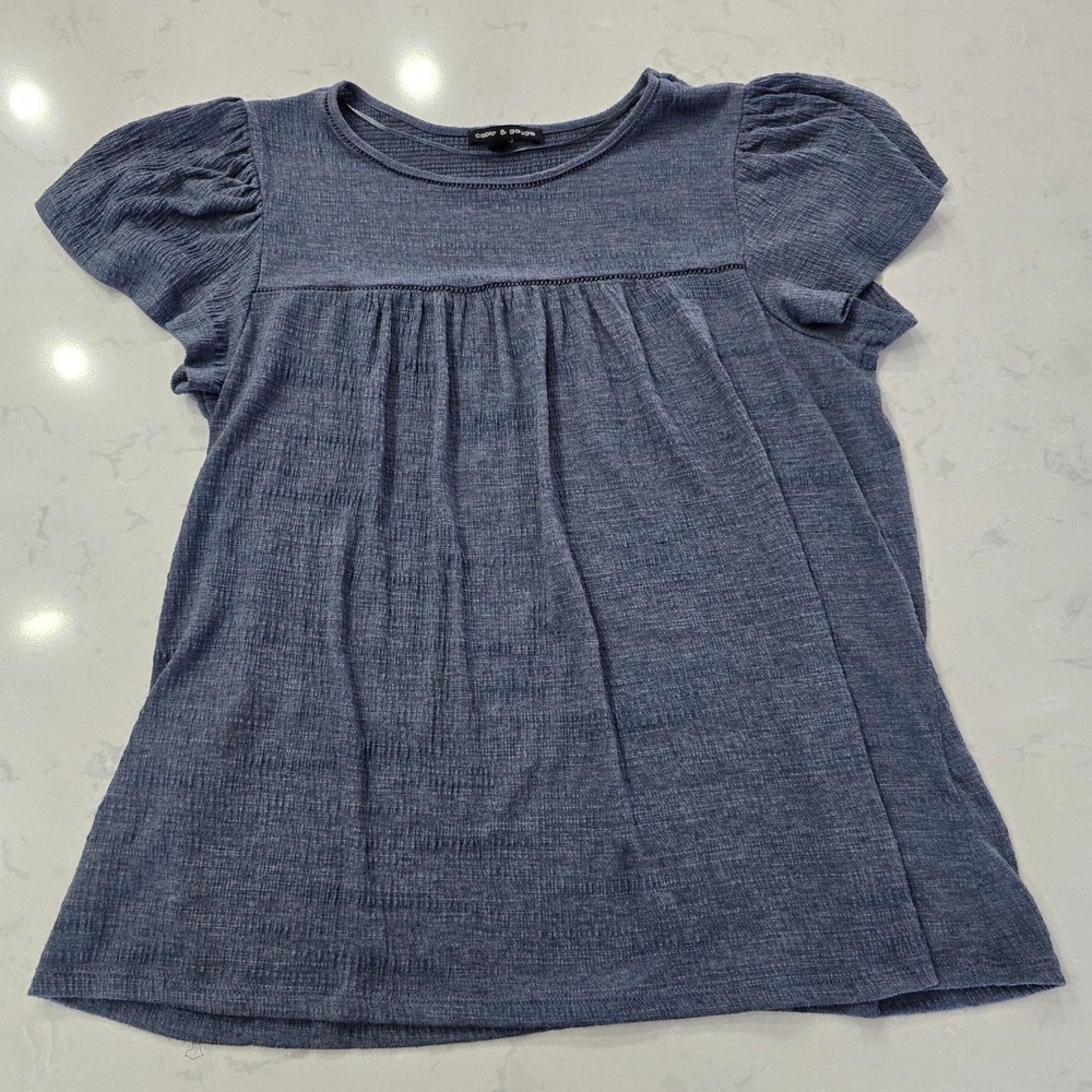 Cable & Gauge Blue Textured Knit Empire Waist Puff Sleeve Blouse Top XL